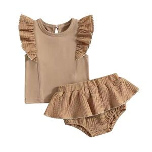 Baby Girl Brown Muslin Set w/Ruffle Bottoms Size 6-9M NWT